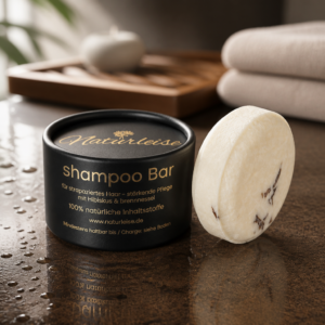 Alternativtext Naturleise Shampoo-Bar Hibiskus & Brennnessel mit schwarzer Verpackung für trockenes und strapaziertes Haar
