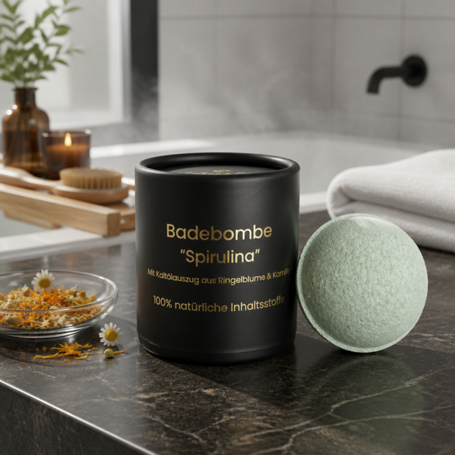 Naturleise Badebombe Ringelblume & Kamille mit Spirulina Naturleise Badebombe Ringelblume & Kamille mit Spirulina – pflegender Badezusatz für empfindliche Haut