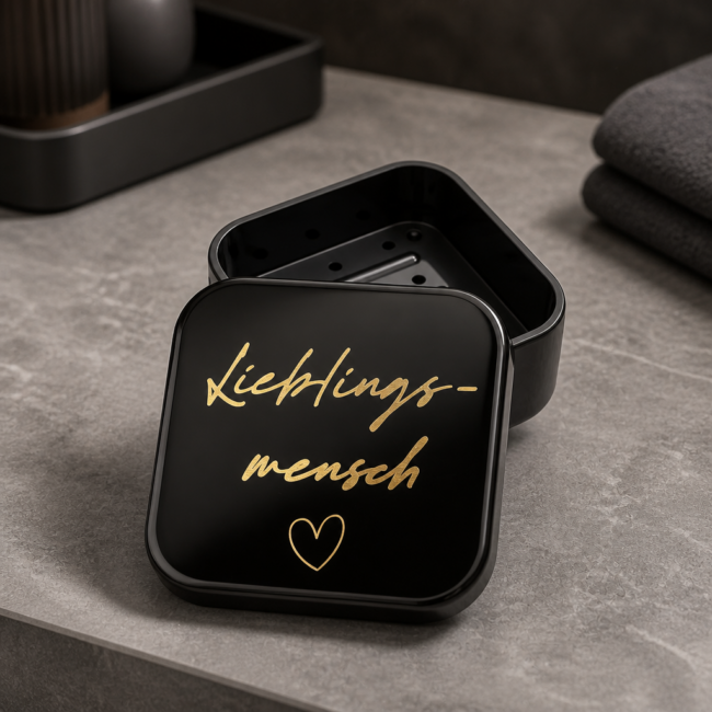 Personalisierte Shampoo-Bar Dose „Lieblingsmensch“ – schwarze Aufbewahrungsdose mit Goldschrift Shampoo-Bar Dose mit Goldschrift für Naturleise Shampoo Bar mit liebevoller Aufbewahrung